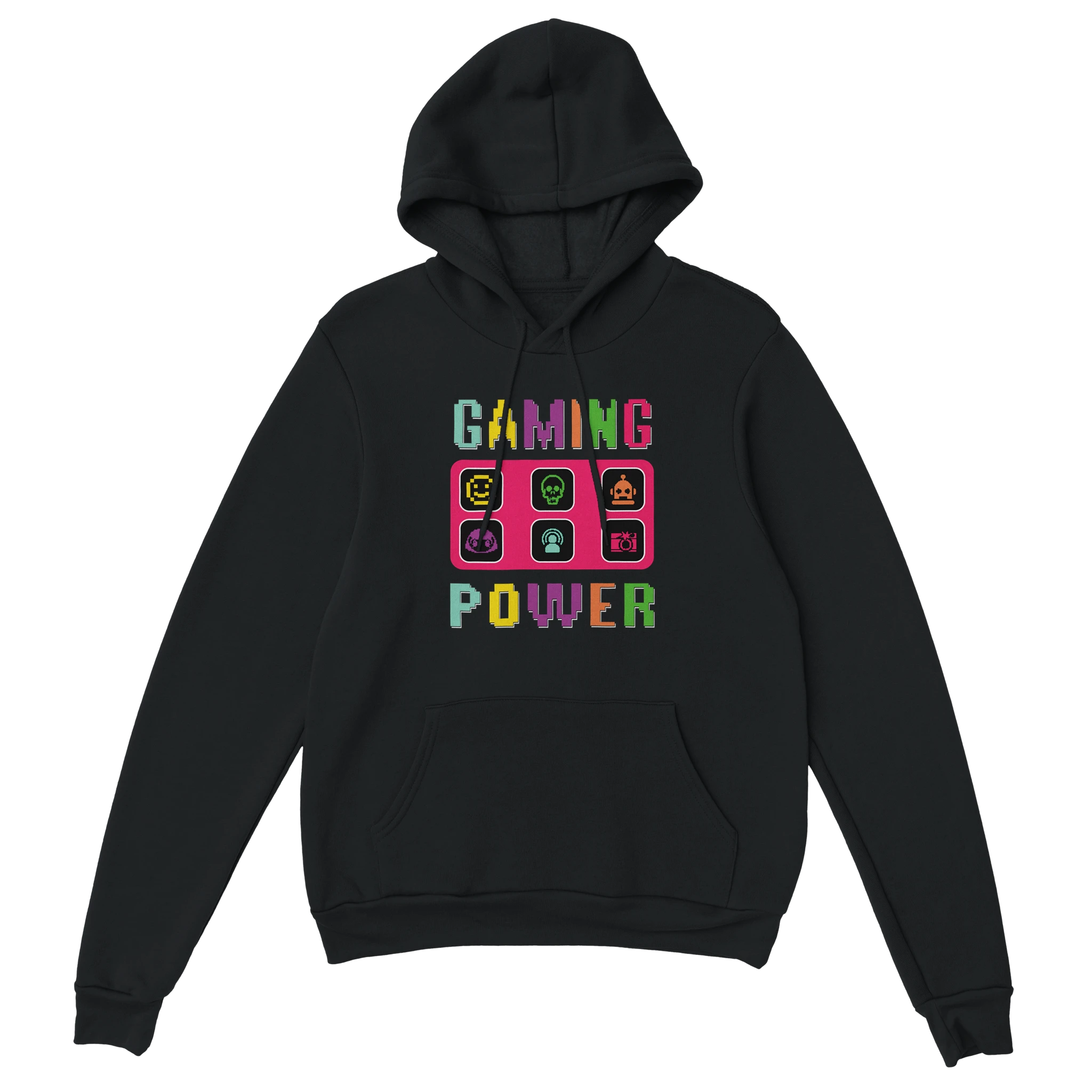 Gamer Hoodie - Gaming Power schwarz – Gaming Hoodie Flatlay mit Gaming Power Print