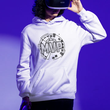 Gamer Hoodie - MVP weiss – Gaming Hoodie getragen von maennlichem Model mit MVP Print