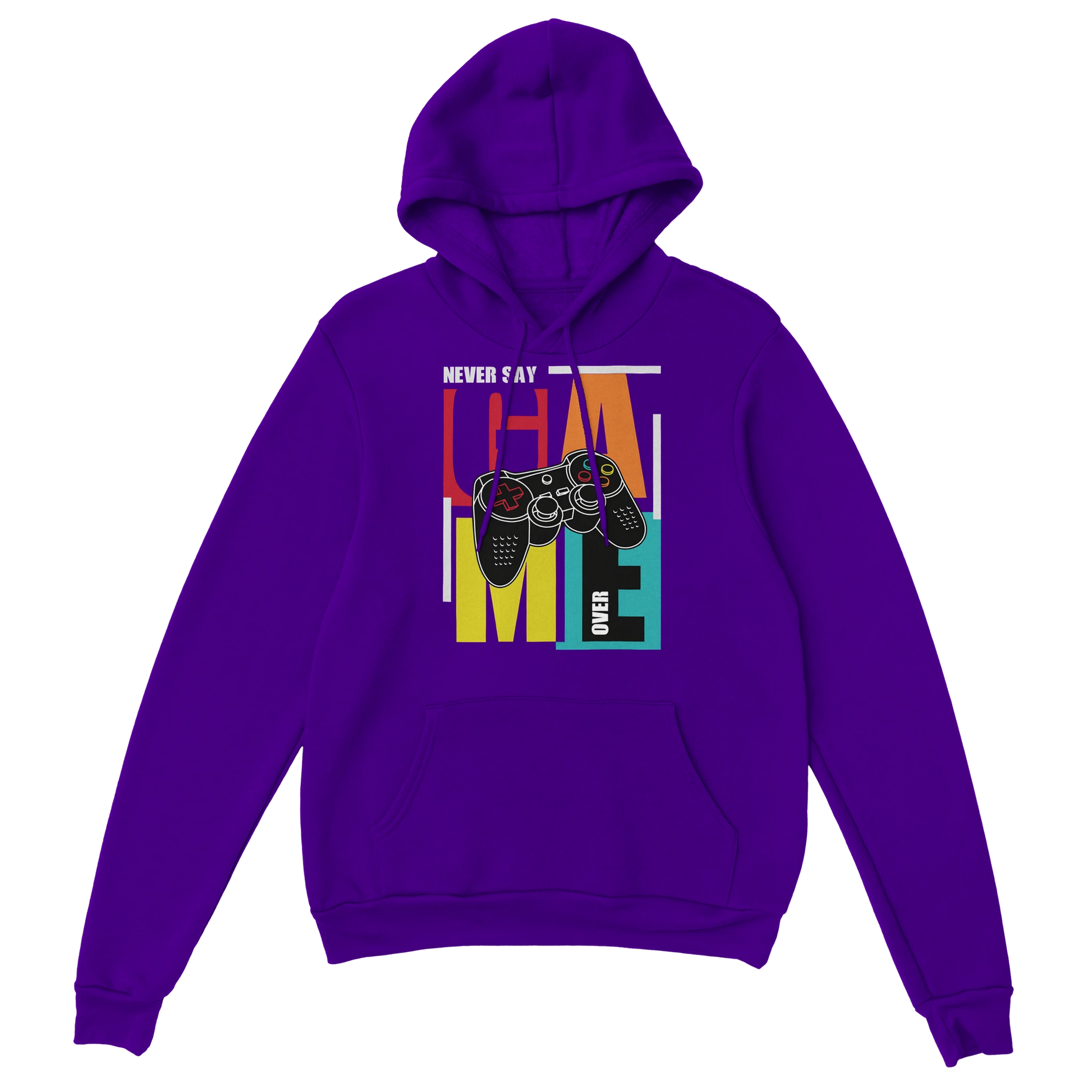 Gamer Hoodie - Never Say Game Over lila – Gaming Hoodie Flatlay mit Never Say Game Over Print