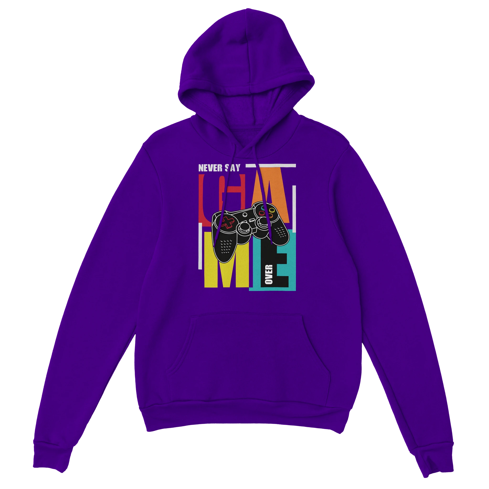 Gamer Hoodie - Never Say Game Over lila – Gaming Hoodie Flatlay mit Never Say Game Over Print