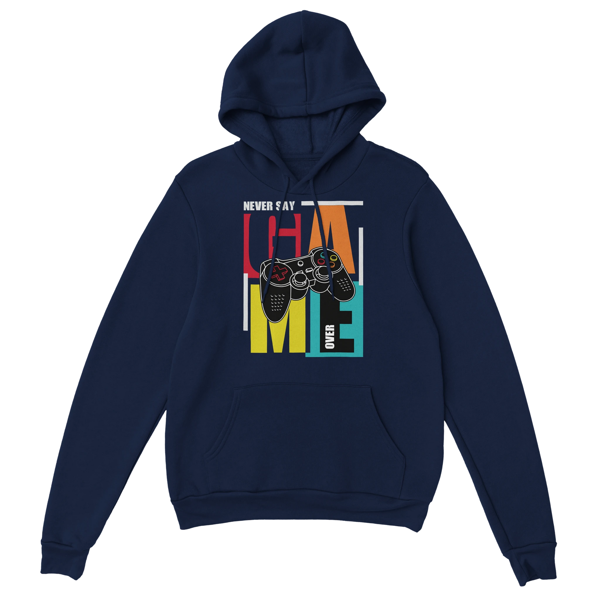 Gamer Hoodie - Never Say Game Over marine – Gaming Hoodie Flatlay mit Never Say Game Over Print
