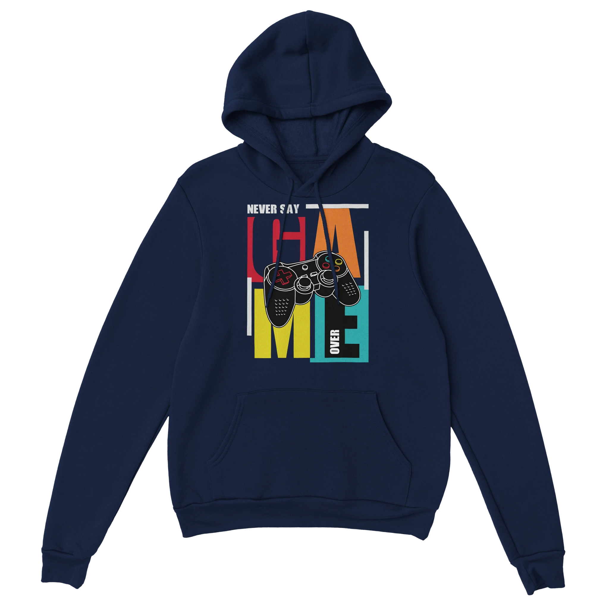 Gamer Hoodie - Never Say Game Over marine – Gaming Hoodie Flatlay mit Never Say Game Over Print