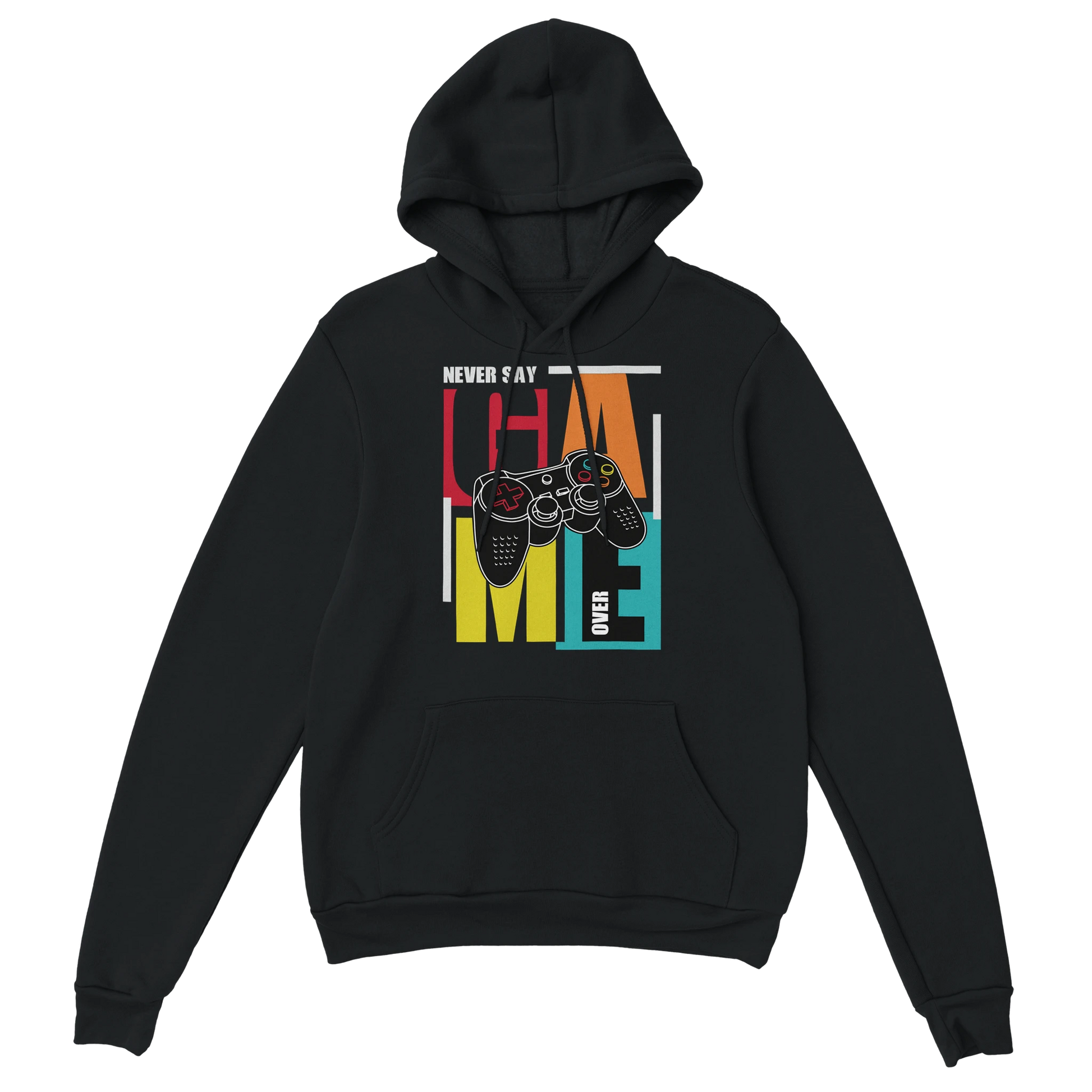 Gamer Hoodie - Never Say Game Over schwarz – Gaming Hoodie Flatlay mit Never Say Game Over Print