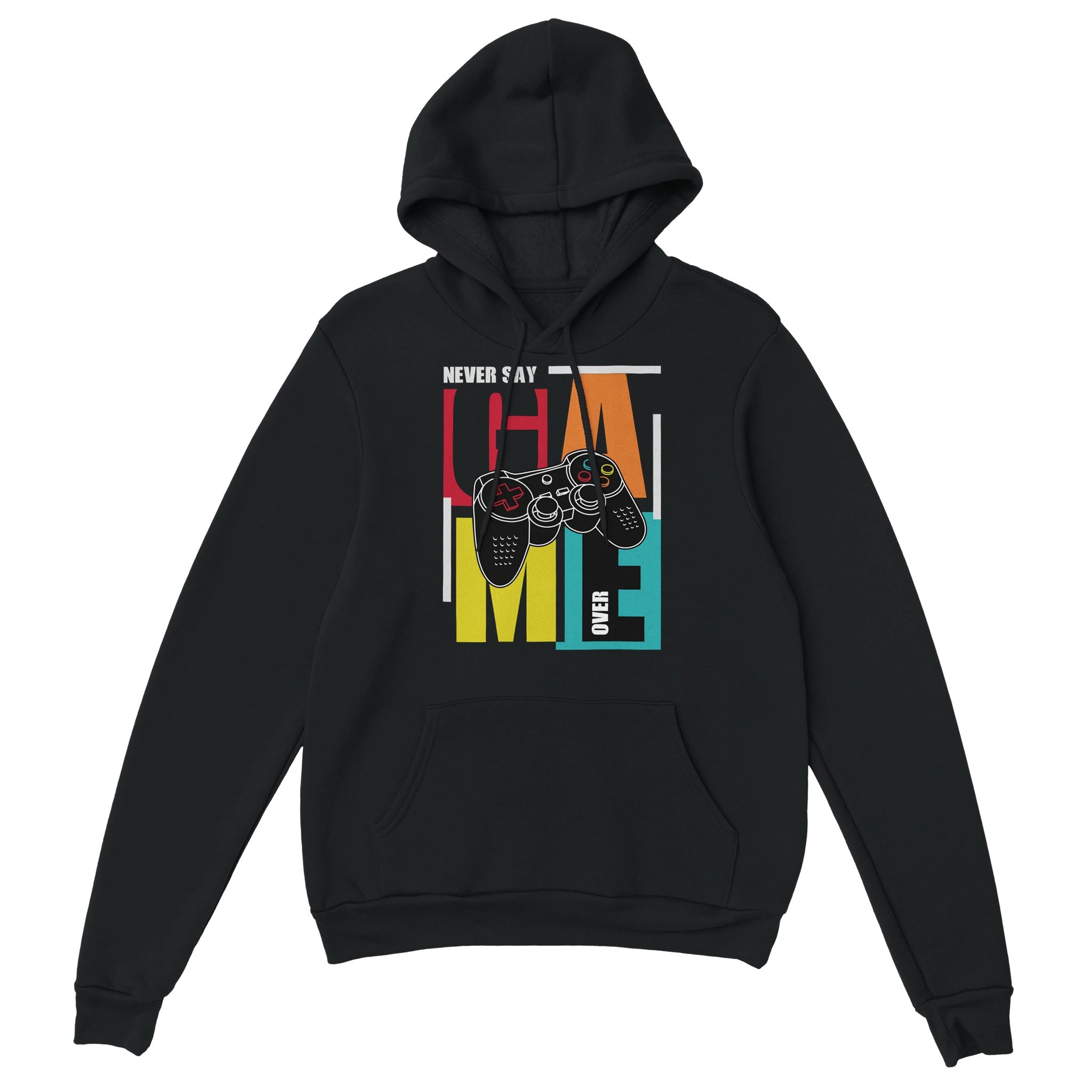 Gamer Hoodie - Never Say Game Over schwarz – Gaming Hoodie Flatlay mit Never Say Game Over Print