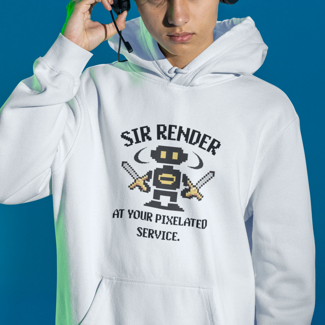Gamer Hoodie - Pixel Ninja in weiß – Unisex Gaming Hoodie im Nerd & Streetwear Style, getragen von männlichen Model