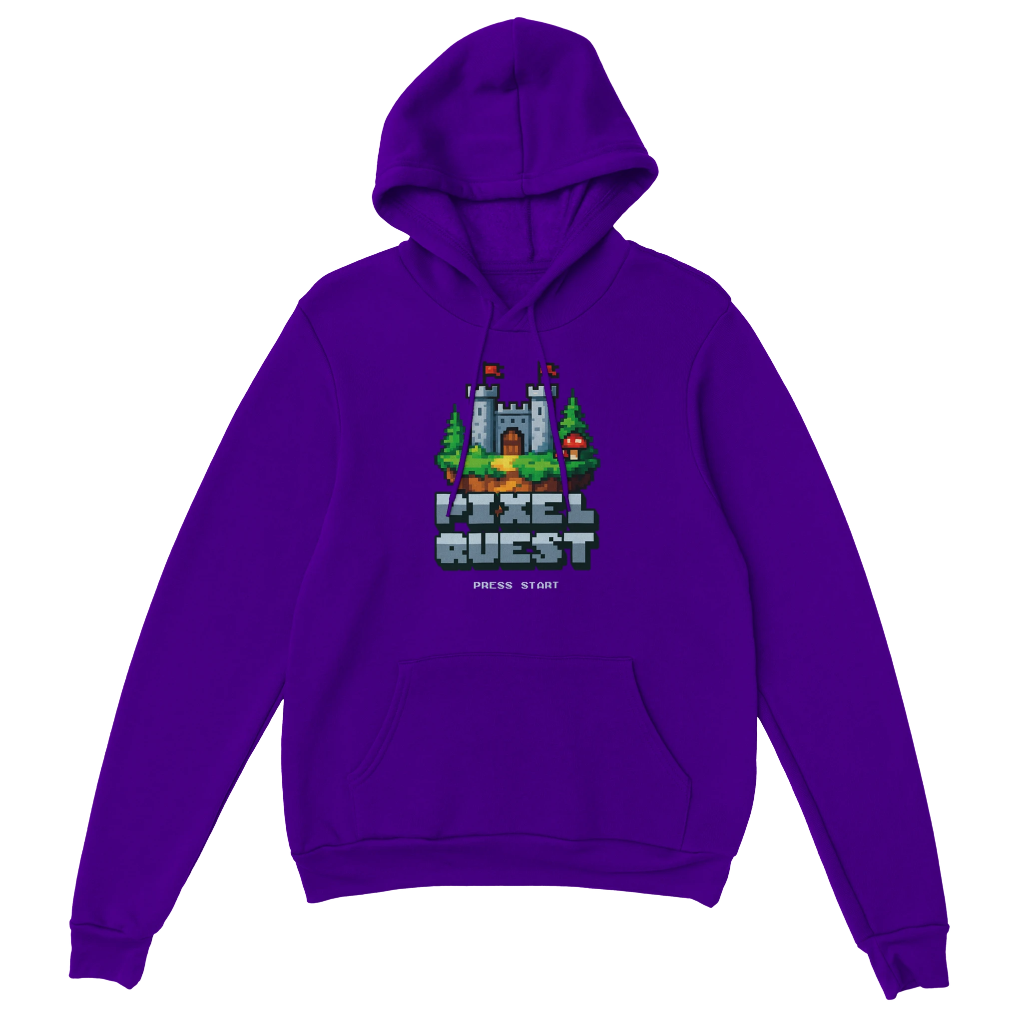 Gamer Hoodie - Pixel Quest lila – Gaming Hoodie Flatlay mit Pixel Quest Print