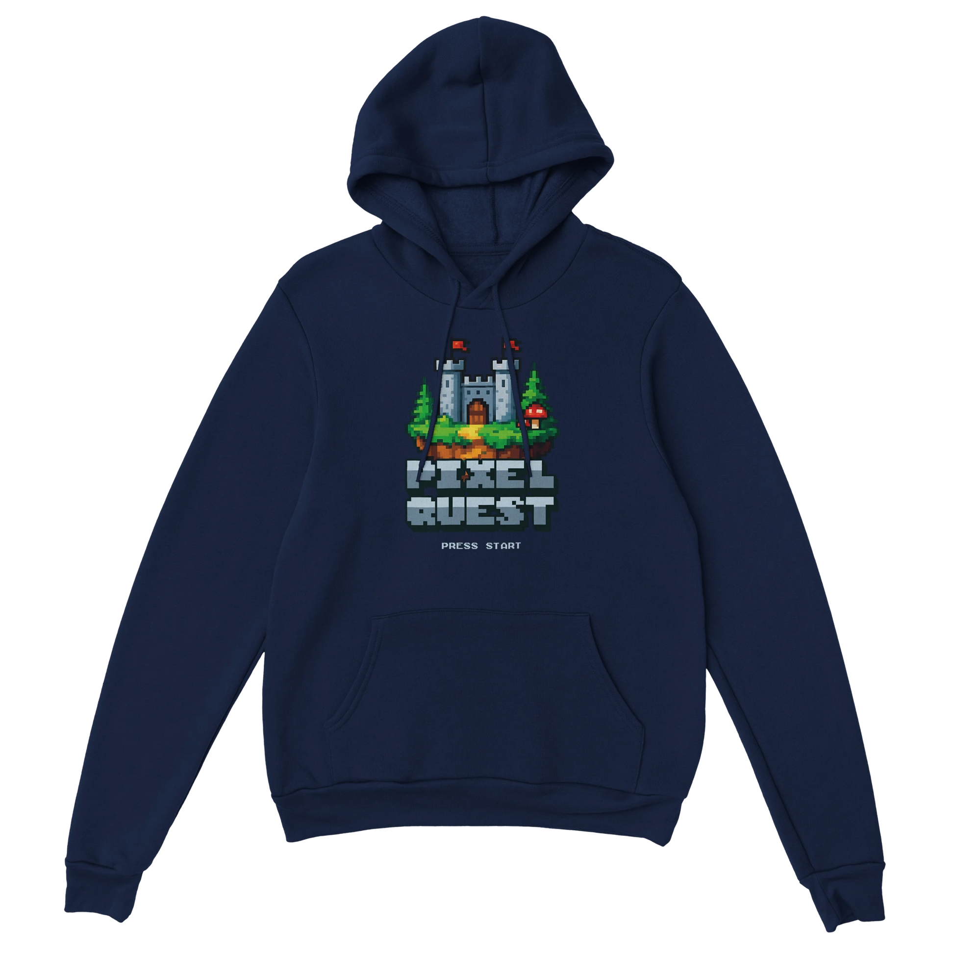 Gamer Hoodie - Pixel Quest marine – Gaming Hoodie Flatlay mit Pixel Quest Print