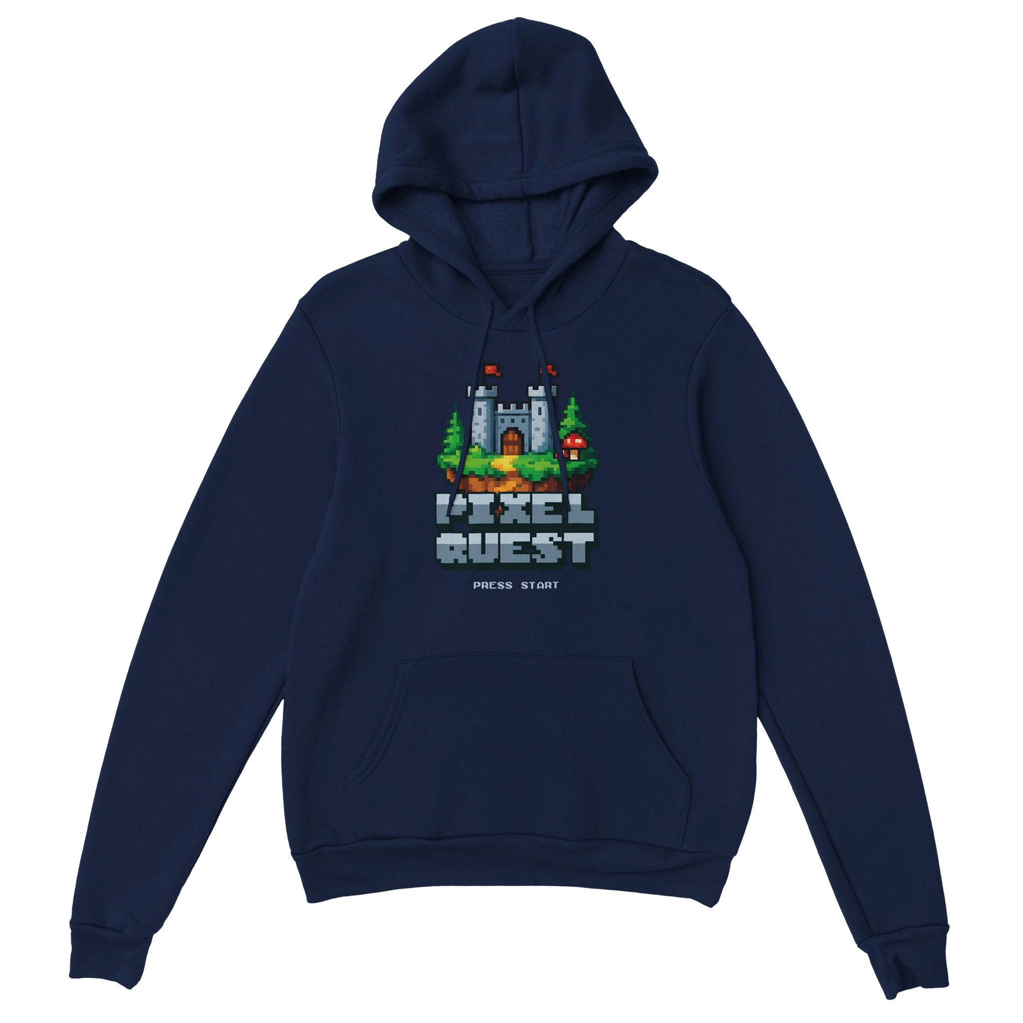 Gamer Hoodie - Pixel Quest marine – Gaming Hoodie Flatlay mit Pixel Quest Print