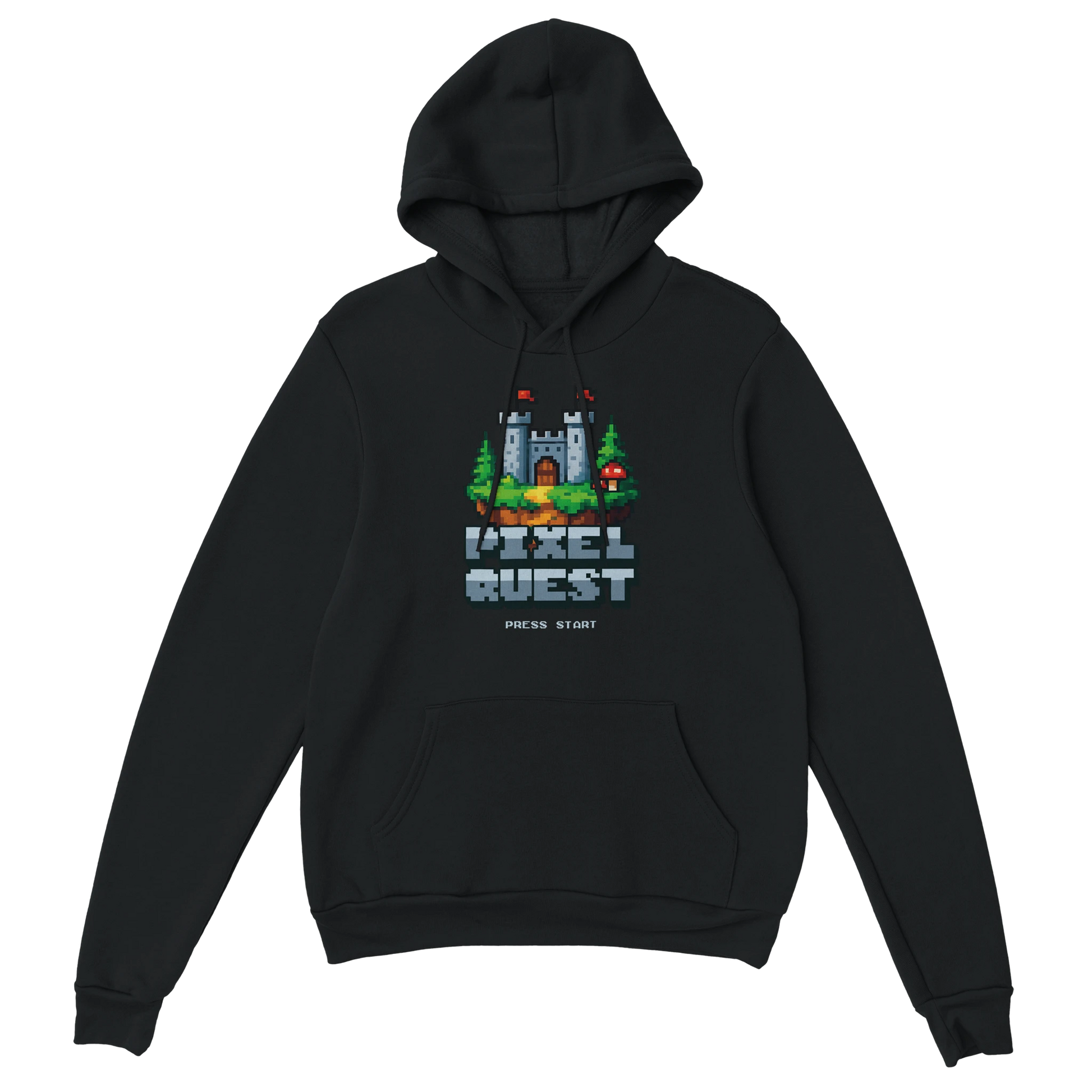 Gamer Hoodie - Pixel Quest schwarz – Gaming Hoodie Flatlay mit Pixel Quest Print