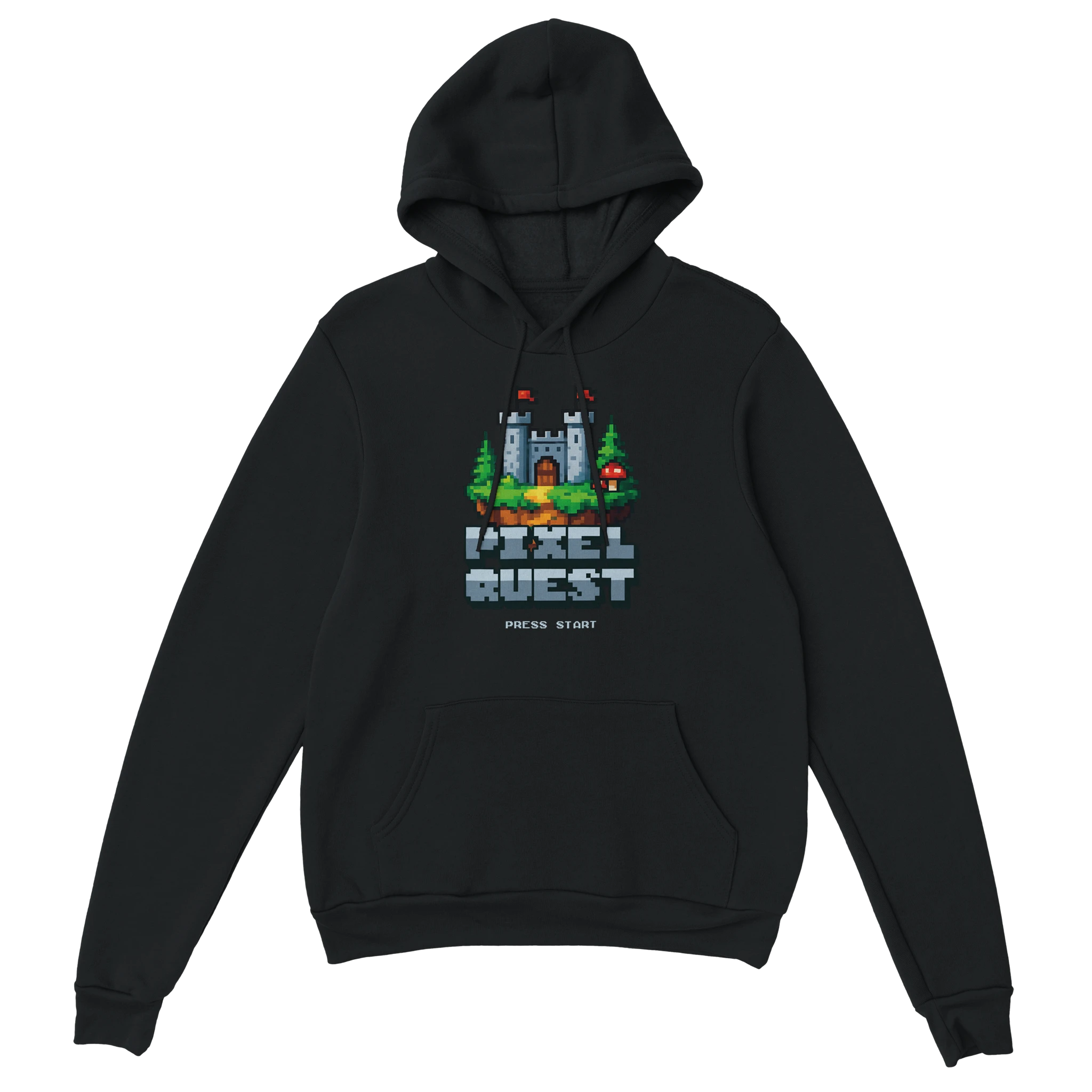 Gamer Hoodie - Pixel Quest schwarz – Gaming Hoodie Flatlay mit Pixel Quest Print