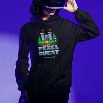 Gamer Hoodie - Pixel Quest schwarz – Gaming Hoodie getragen von maennlichem Model mit Pixel Quest Print