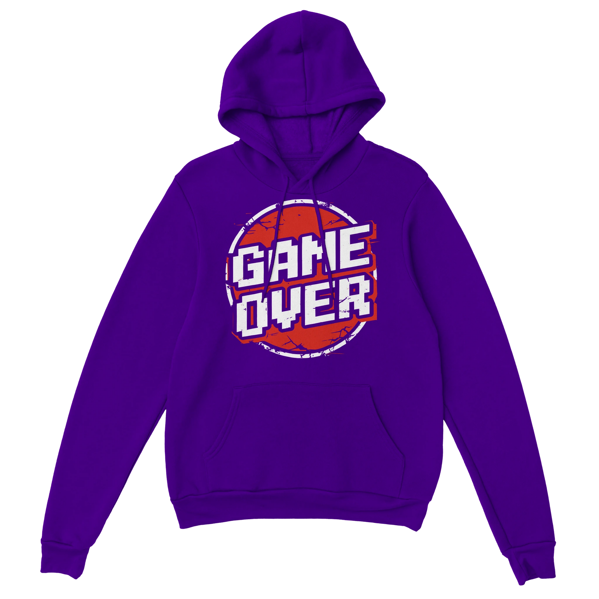 Gamer Hoodie - Retro Game Over lila – Gaming Hoodie Flatlay mit Retro Game Over Print