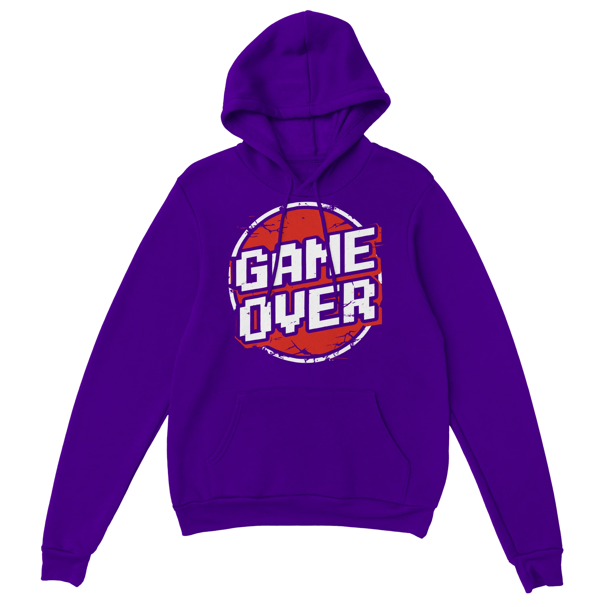 Gamer Hoodie - Retro Game Over lila – Gaming Hoodie Flatlay mit Retro Game Over Print
