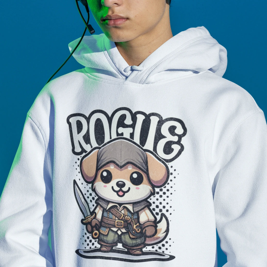 Gamer Hoodie - Rogue Dog in weiß – Unisex Gaming Hoodie im Nerd & Streetwear Style, getragen von männlichen Model