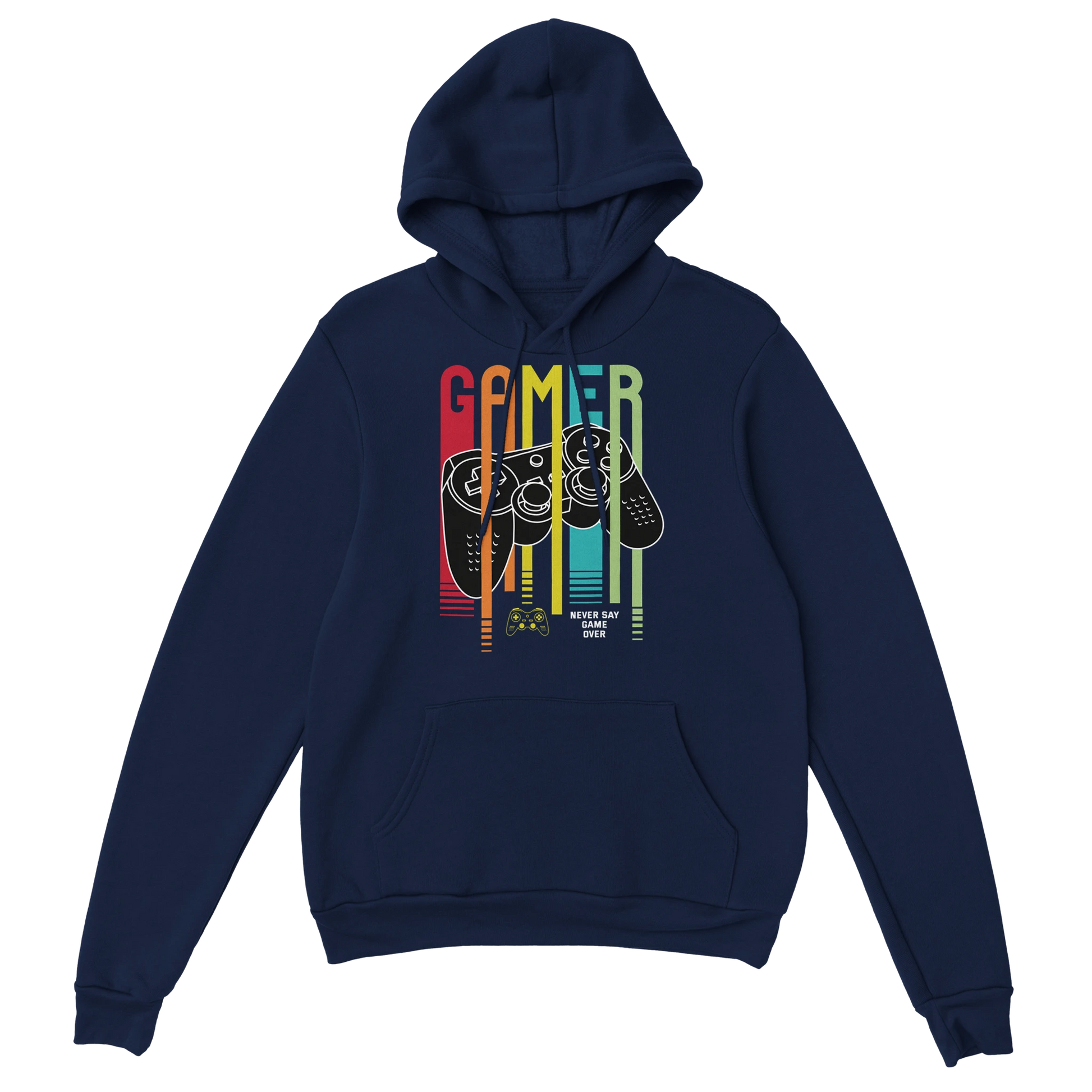 Gamer Hoodie - Never Say Game Over marine – Gaming Hoodie Flatlay mit Never Say Game Over Print