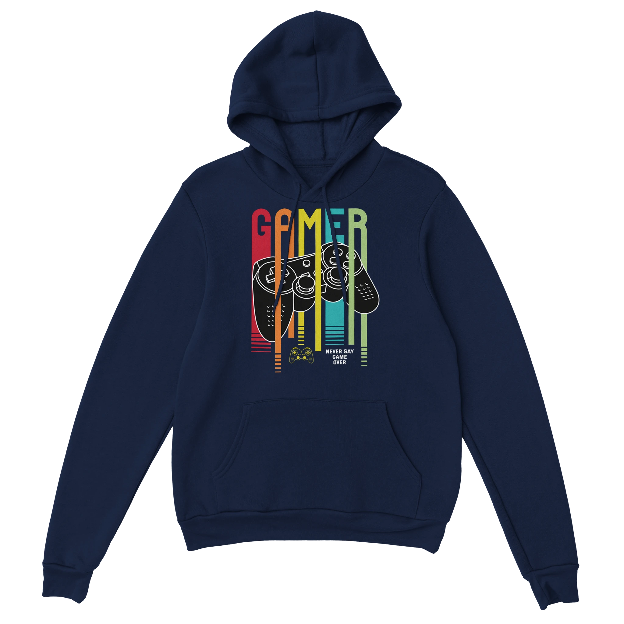 Gamer Hoodie - Never Say Game Over marine – Gaming Hoodie Flatlay mit Never Say Game Over Print