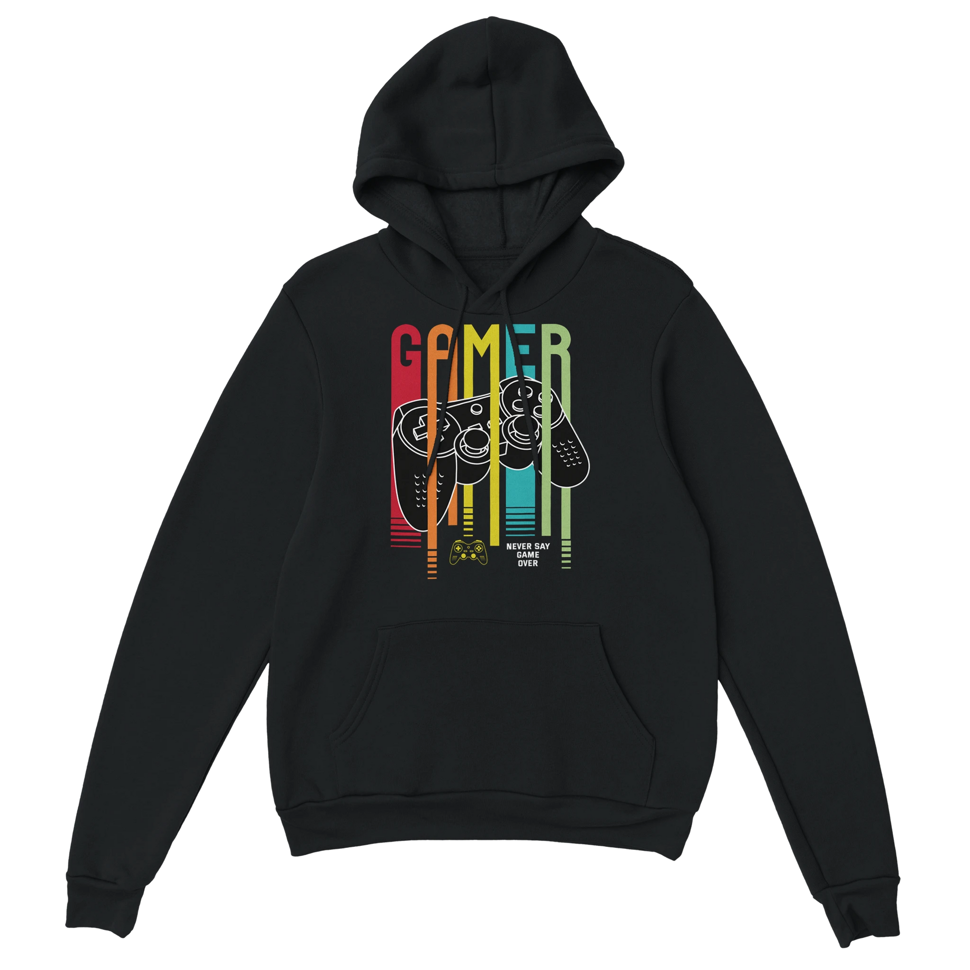 Gamer Hoodie - Never Say Game Over schwarz – Gaming Hoodie Flatlay mit Never Say Game Over Print