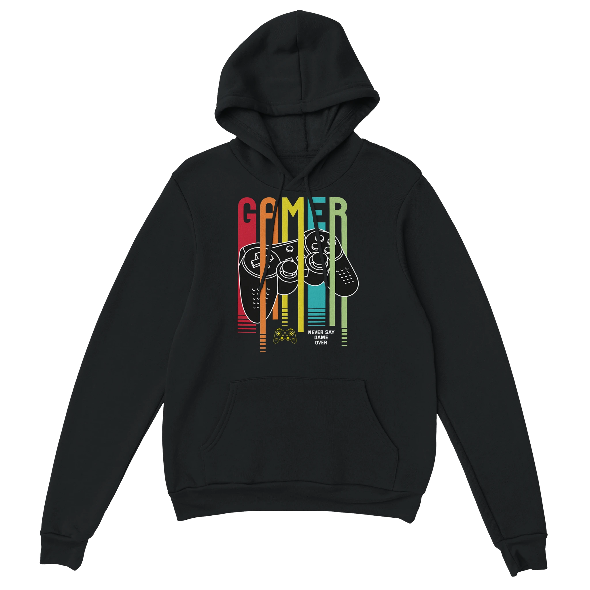 Gamer Hoodie - Never Say Game Over schwarz – Gaming Hoodie Flatlay mit Never Say Game Over Print