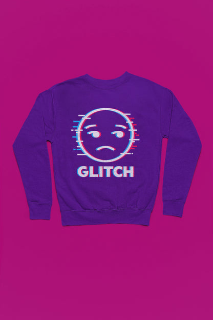 Glitch Face | Pixel-Error Pullover im Retro-Stil – lila Pullover als Flatlay-Mockup, hochwertiges Nerd- & Gaming-Design Produktfoto.