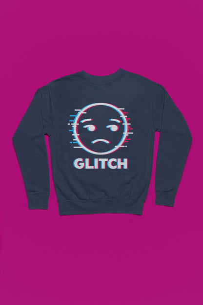 Glitch Face | Pixel-Error Pullover im Retro-Stil – marine Pullover als Flatlay-Mockup, hochwertiges Nerd- & Gaming-Design Produktfoto.