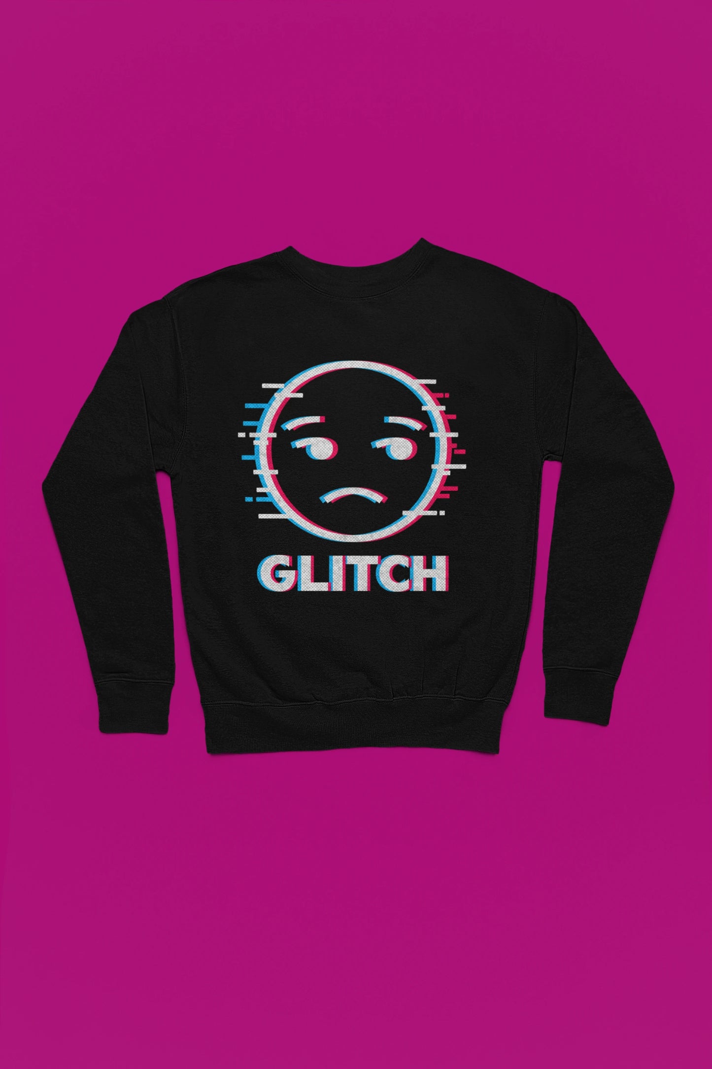 Glitch Face | Pixel-Error Pullover im Retro-Stil – schwarz Pullover als Flatlay-Mockup, hochwertiges Nerd- & Gaming-Design Produktfoto.