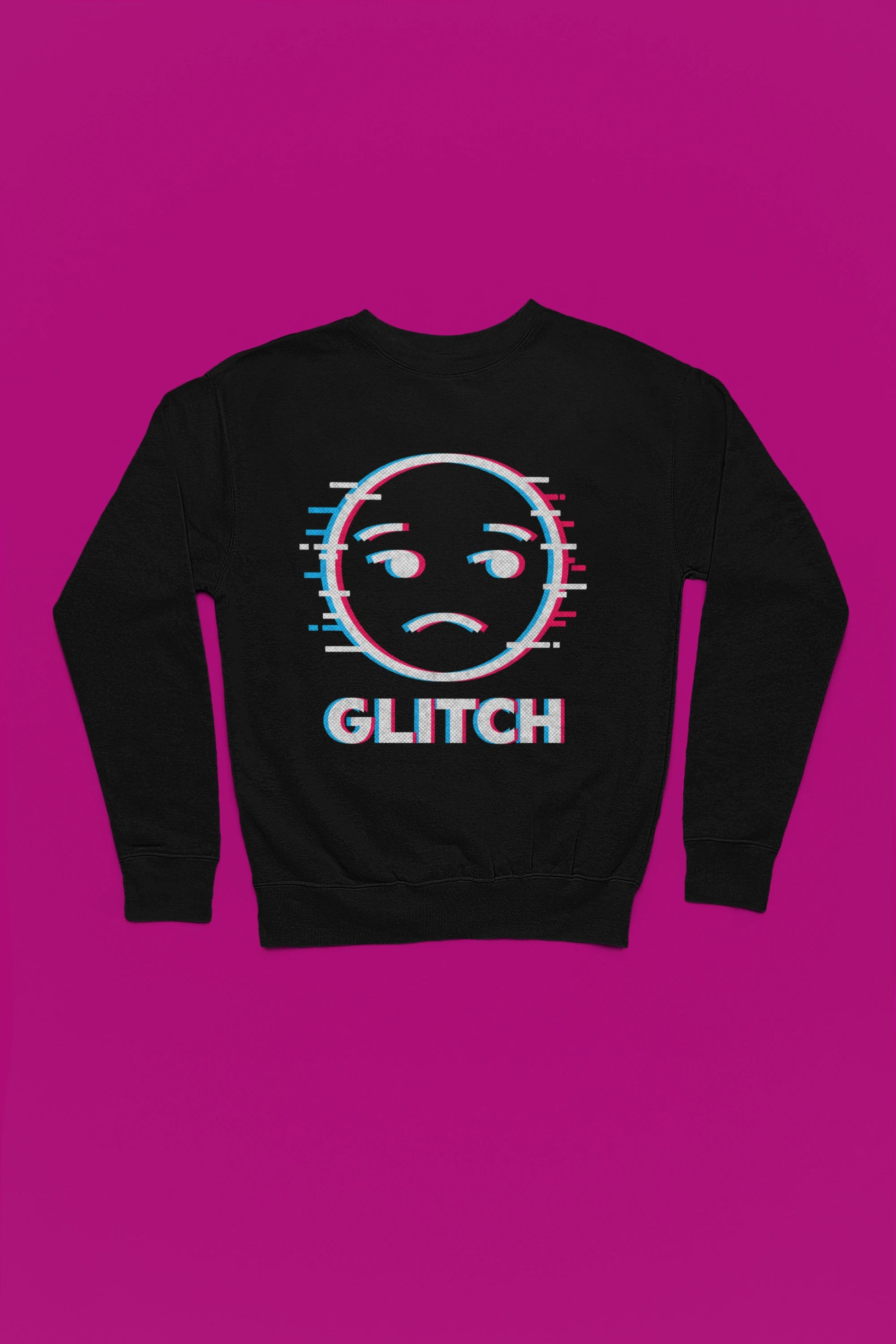 Glitch Face | Pixel-Error Pullover im Retro-Stil – schwarz Pullover als Flatlay-Mockup, hochwertiges Nerd- & Gaming-Design Produktfoto.