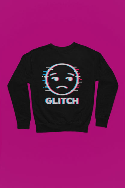 Glitch Face | Pixel-Error Pullover im Retro-Stil – schwarz Pullover als Flatlay-Mockup, hochwertiges Nerd- & Gaming-Design Produktfoto.