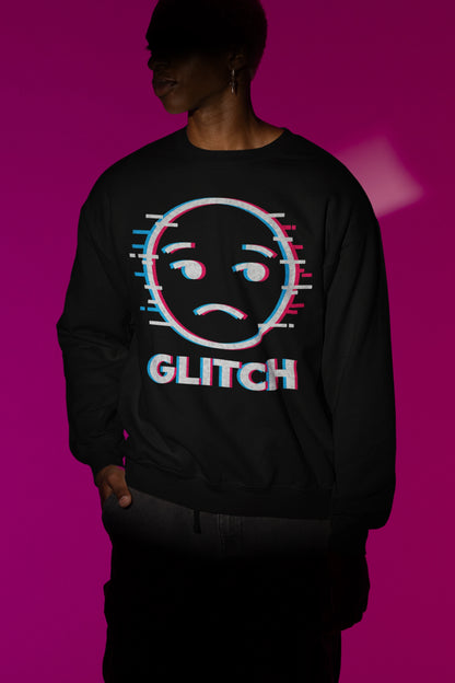 Glitch Face | Pixel-Error Pullover im Retro-Stil – schwarz Pullover als Maennliches Model-Mockup, hochwertiges Nerd- & Gaming-Design Produktfoto.