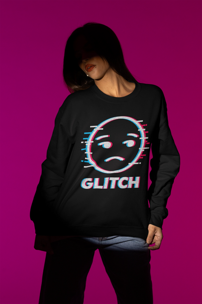 Glitch Face | Pixel-Error Pullover im Retro-Stil – schwarz Pullover als Weibliches Model-Mockup, hochwertiges Nerd- & Gaming-Design Produktfoto.