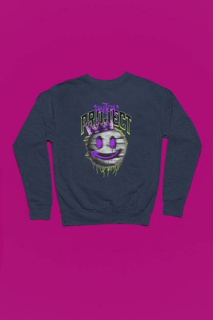 Glitch Project – Neon Crown Smiley Pullover – marine Pullover als Flatlay-Mockup, hochwertiges Nerd- & Gaming-Design Produktfoto.