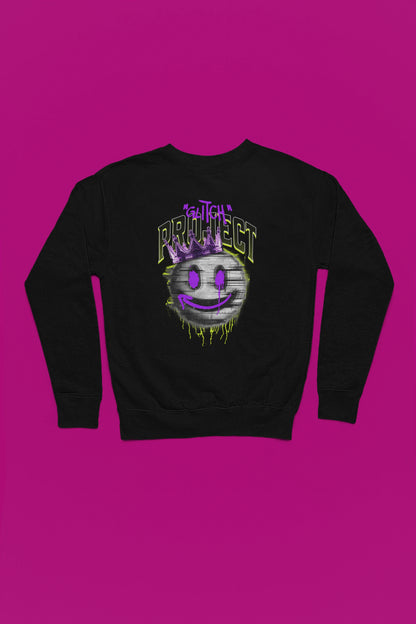 Glitch Project – Neon Crown Smiley Pullover – schwarz Pullover als Flatlay-Mockup, hochwertiges Nerd- & Gaming-Design Produktfoto.