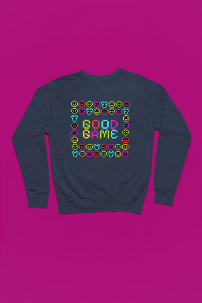 Good Game | Bunter Pixel-Pullover im Retro-Arcade-Style – marine Pullover als Flatlay-Mockup, hochwertiges Nerd- & Gaming-Design Produktfoto.