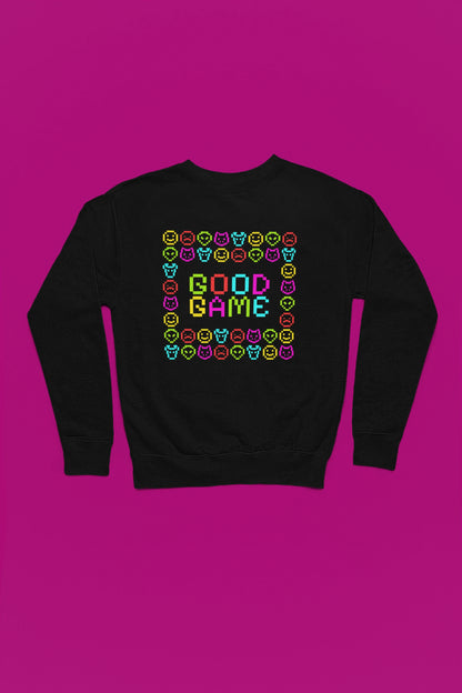 Good Game | Bunter Pixel-Pullover im Retro-Arcade-Style – schwarz Pullover als Flatlay-Mockup, hochwertiges Nerd- & Gaming-Design Produktfoto.