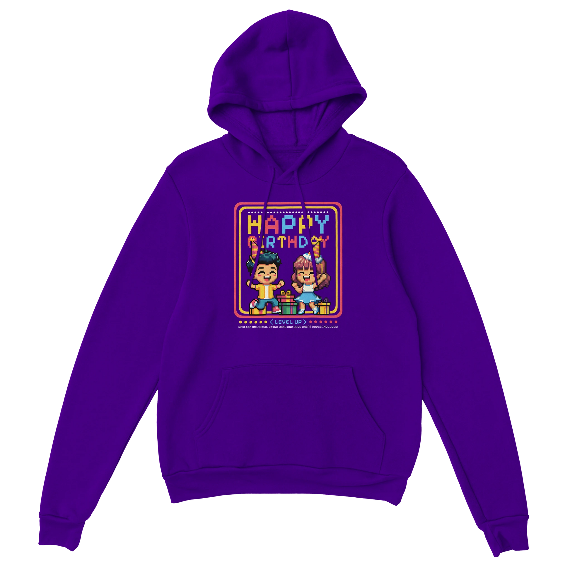 Happy Birthday Gamer Hoodie lila – Gaming Hoodie Flatlay mit Happy Birthday Gamer Print
