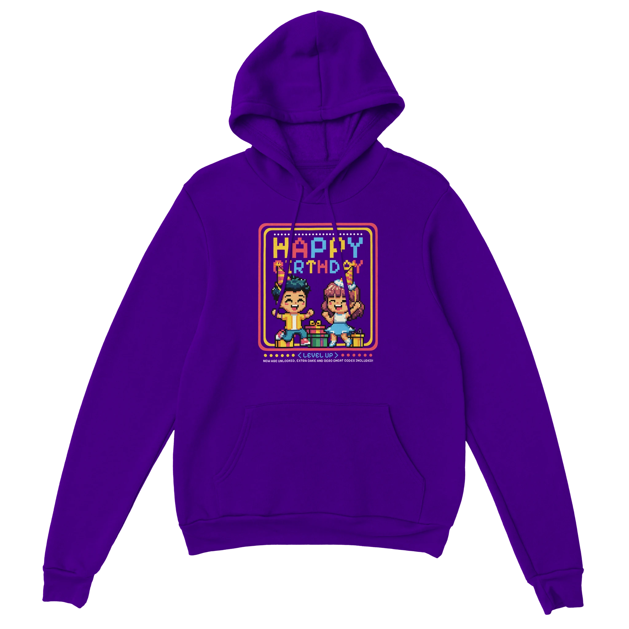 Happy Birthday Gamer Hoodie lila – Gaming Hoodie Flatlay mit Happy Birthday Gamer Print