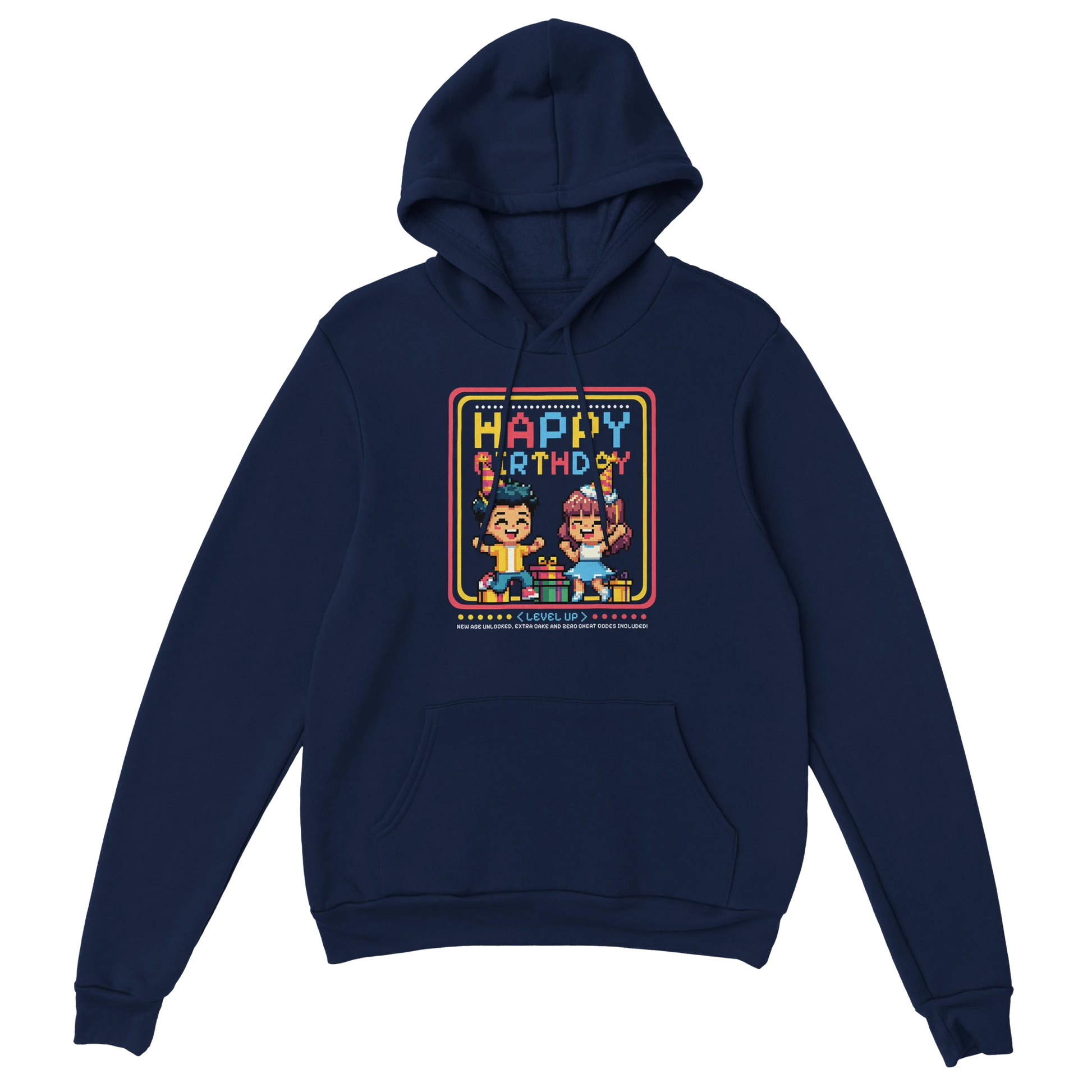 Happy Birthday Gamer Hoodie marine – Gaming Hoodie Flatlay mit Happy Birthday Gamer Print