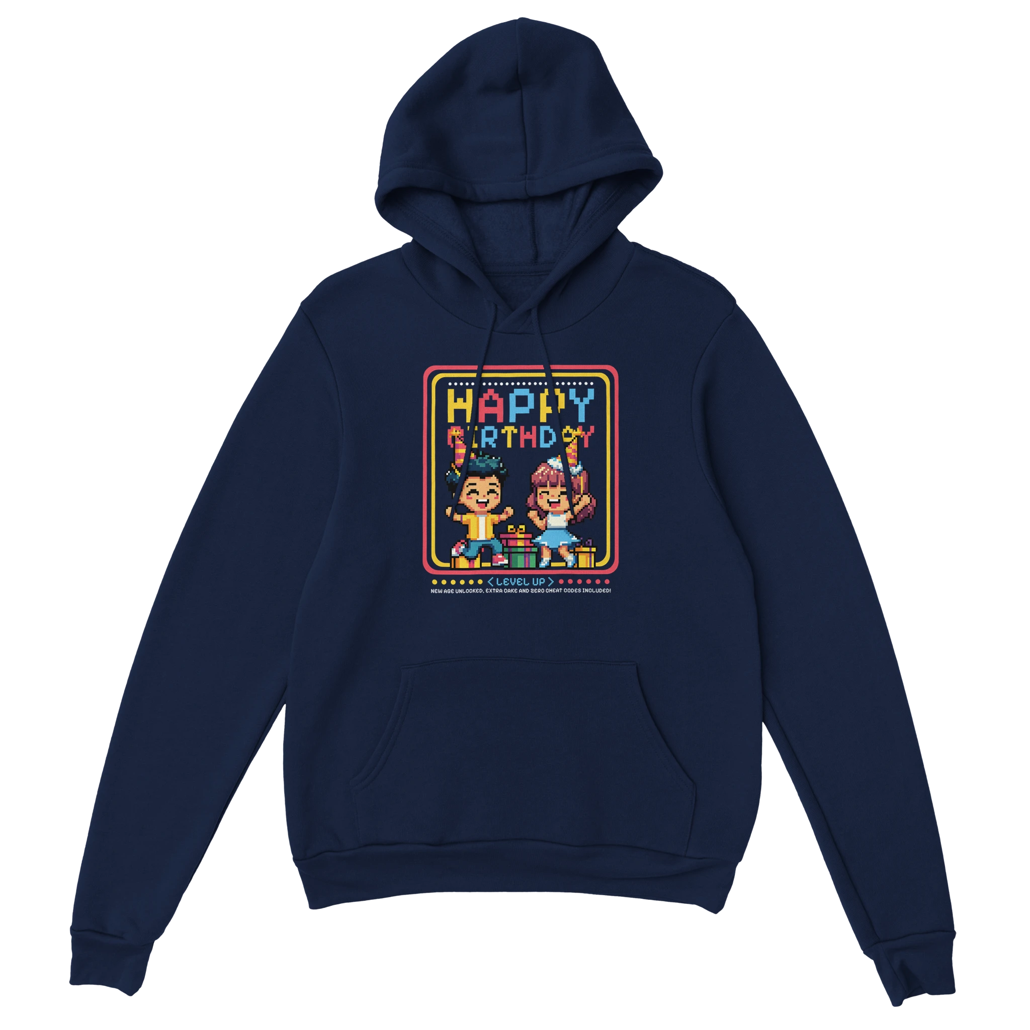 Happy Birthday Gamer Hoodie marine – Gaming Hoodie Flatlay mit Happy Birthday Gamer Print