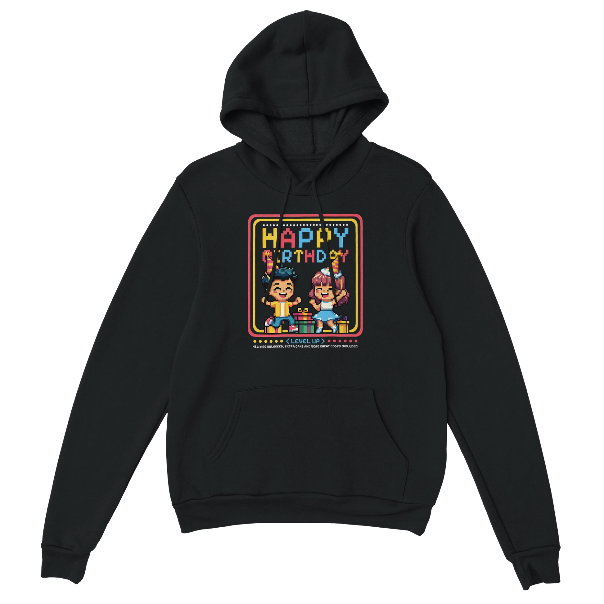 Happy Birthday Gamer Hoodie schwarz – Gaming Hoodie Flatlay mit Happy Birthday Gamer Print
