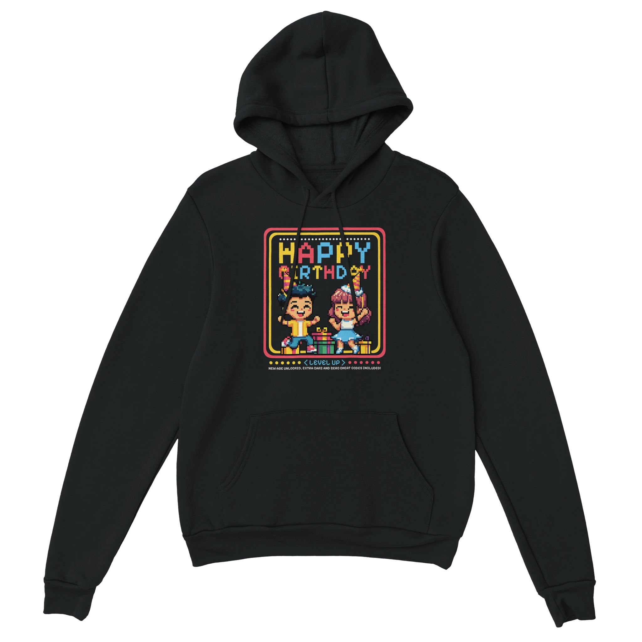 Happy Birthday Gamer Hoodie schwarz – Gaming Hoodie Flatlay mit Happy Birthday Gamer Print
