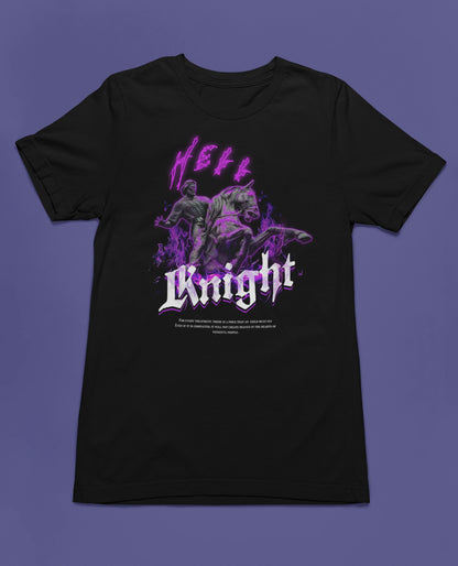 Hell Knight | Dunkles Fantasy-T-Shirt mit Neon-Flammen & Rittermotiv – schwarz T-Shirt als flatlay-Mockup, modernes Gaming-Design und hochwertiges Produktfoto.