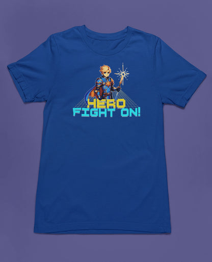 Hero – Fight On! Retro Pixel Knight T-Shirt für Gamer & Fantasy-Fans – blau T-Shirt als flatlay-Mockup, modernes Gaming-Design und hochwertiges Produktfoto.