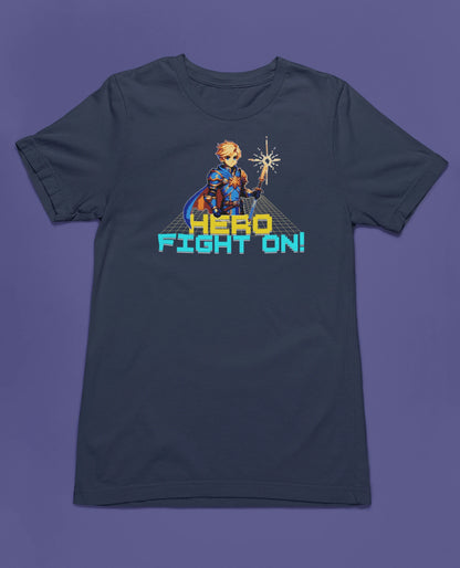 Hero – Fight On! Retro Pixel Knight T-Shirt für Gamer & Fantasy-Fans – marine T-Shirt als maennlich-Mockup, modernes Gaming-Design und hochwertiges Produktfoto.