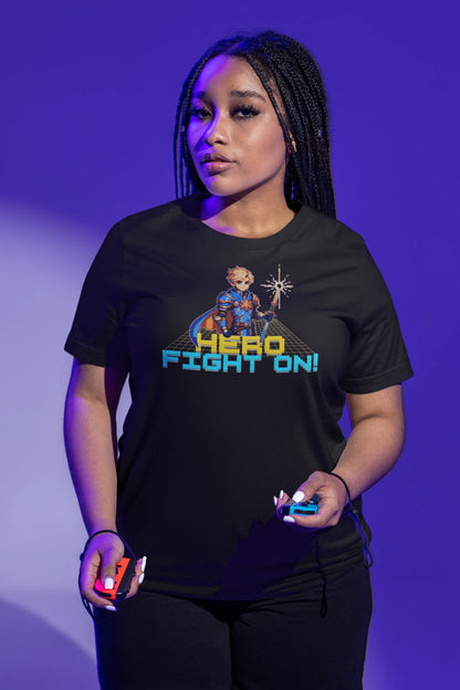 Hero – Fight On! Retro Pixel Knight T-Shirt für Gamer & Fantasy-Fans – schwarz T-Shirt als weiblich-Mockup, modernes Gaming-Design und hochwertiges Produktfoto.