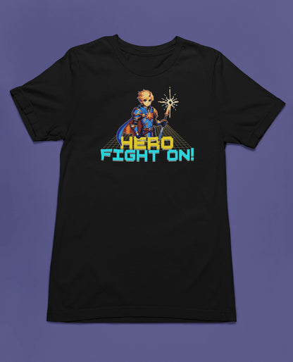 Hero – Fight On! Retro Pixel Knight T-Shirt für Gamer & Fantasy-Fans – schwarz T-Shirt als flatlay-Mockup, modernes Gaming-Design und hochwertiges Produktfoto.