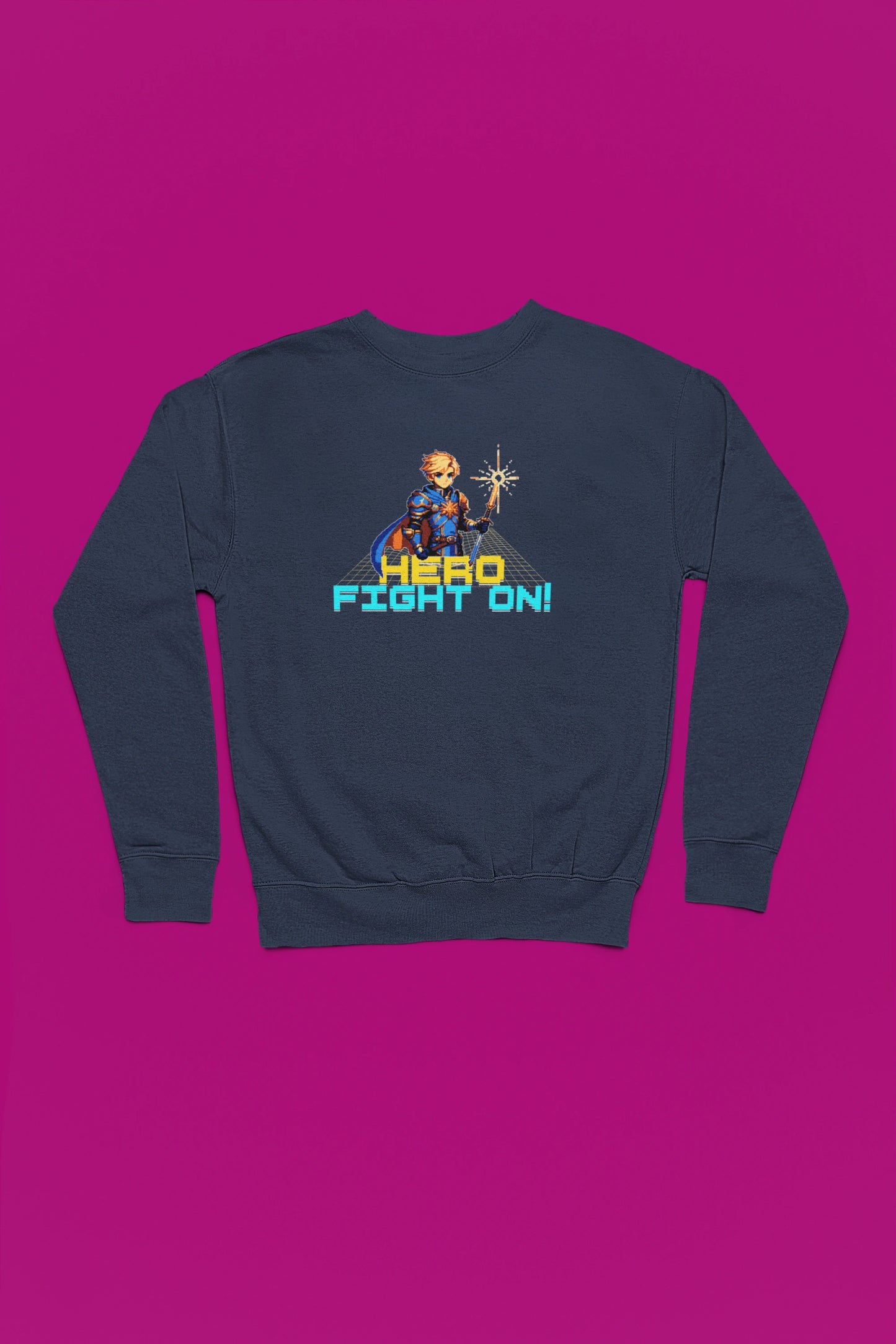 Hero Fight On! | Retro-Pixel Pullover fuer wahre Helden – marine Pullover als Flatlay-Mockup, hochwertiges Nerd- & Gaming-Design Produktfoto.