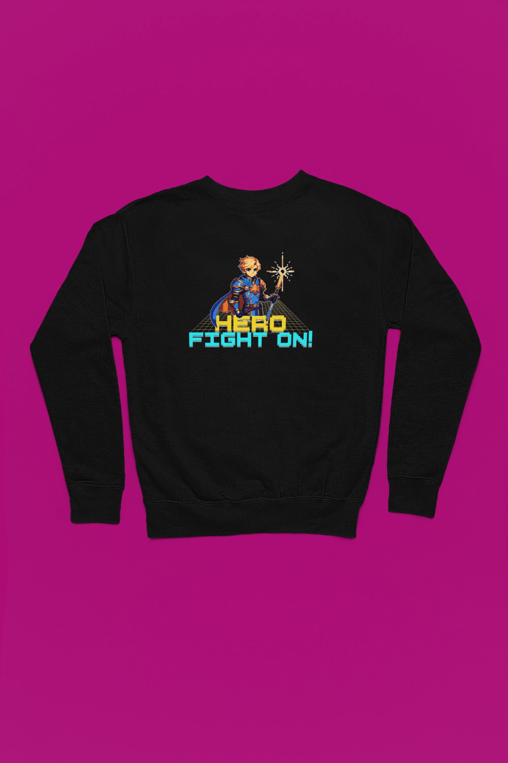 Hero Fight On! | Retro-Pixel Pullover fuer wahre Helden – schwarz Pullover als Flatlay-Mockup, hochwertiges Nerd- & Gaming-Design Produktfoto.