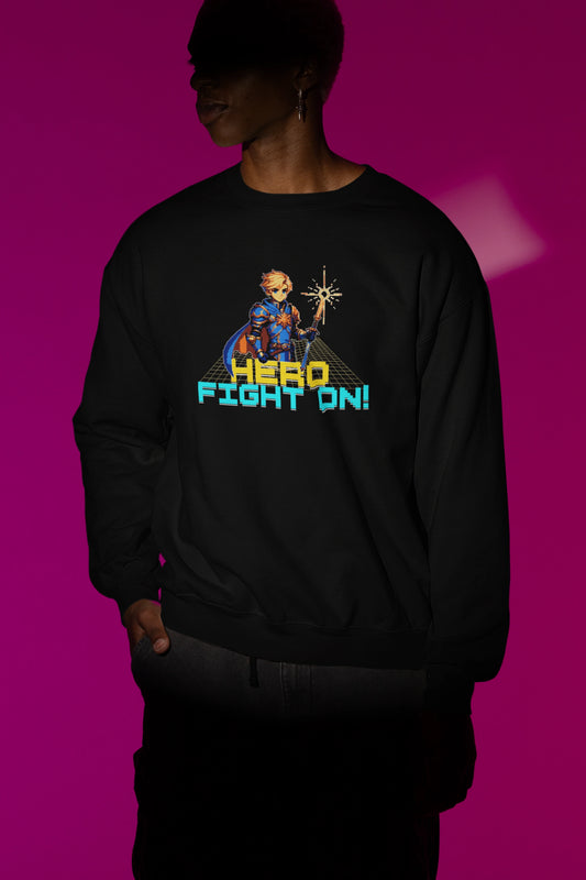 Hero Fight On! | Retro-Pixel Pullover fuer wahre Helden – schwarz Pullover als Maennliches Model-Mockup, hochwertiges Nerd- & Gaming-Design Produktfoto.