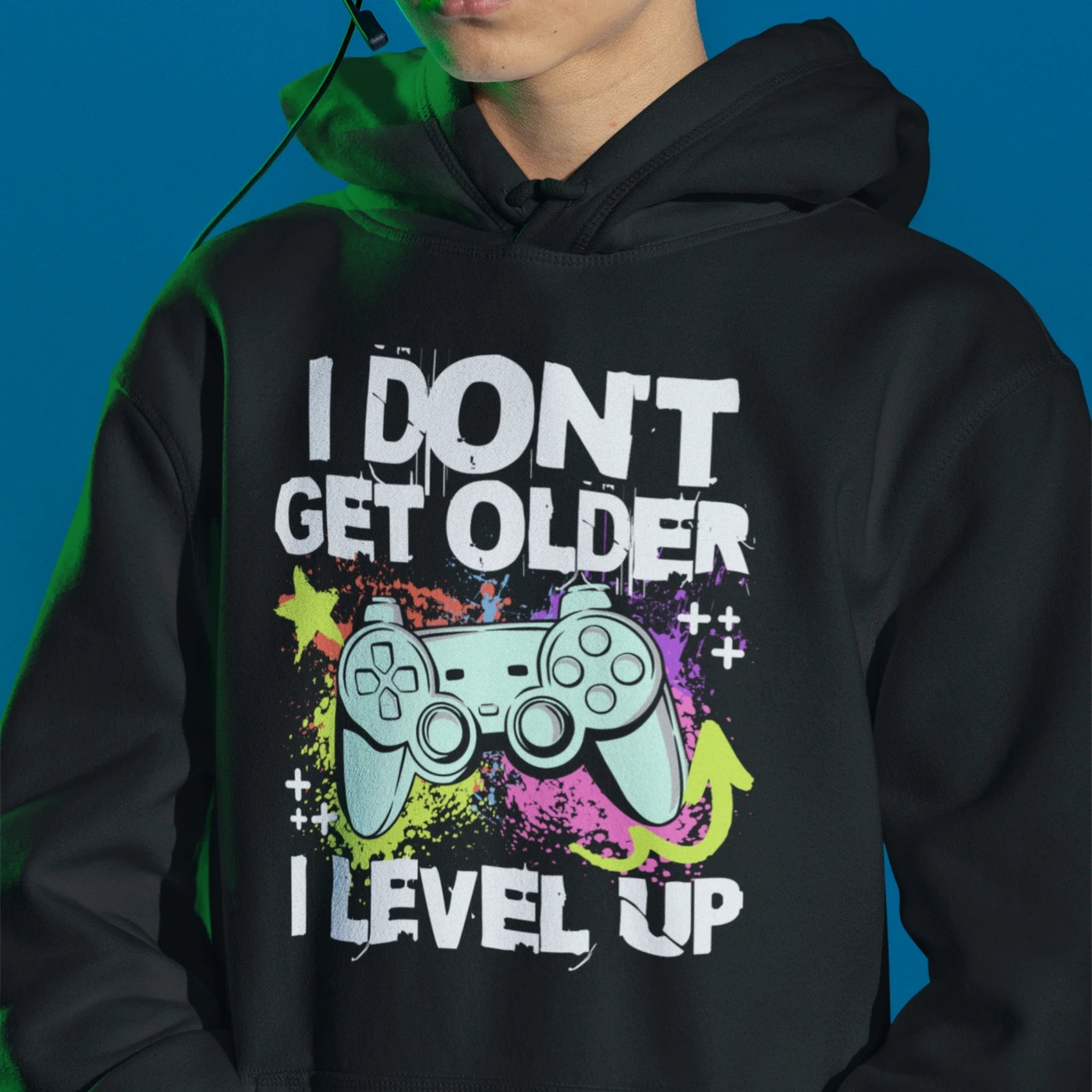 Schwarzer I Dont Get Older I Level Up Gamer Hoodie im Neon Splash Gaming Style