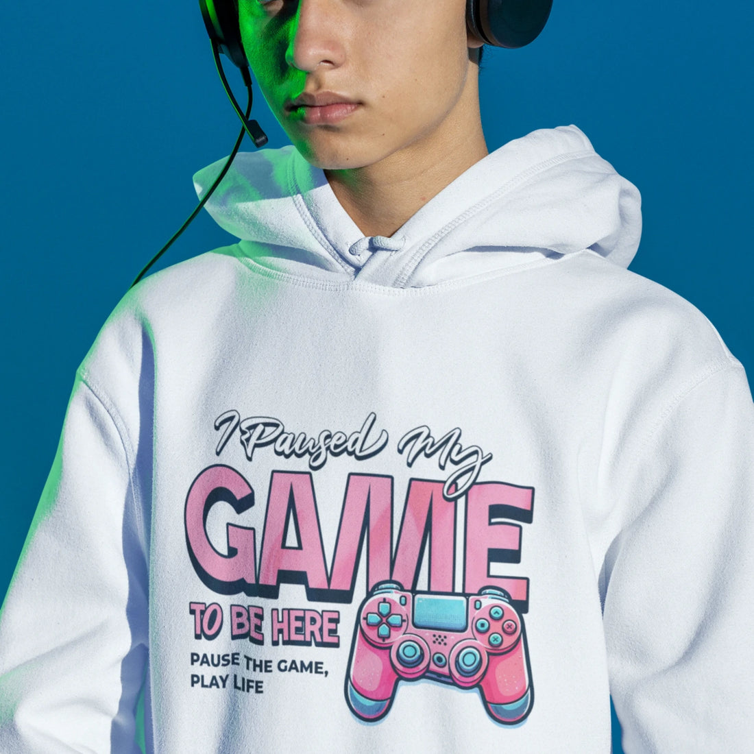 Weißer I Paused My Game To Be Here Gamer Hoodie im Retro Controller Design
