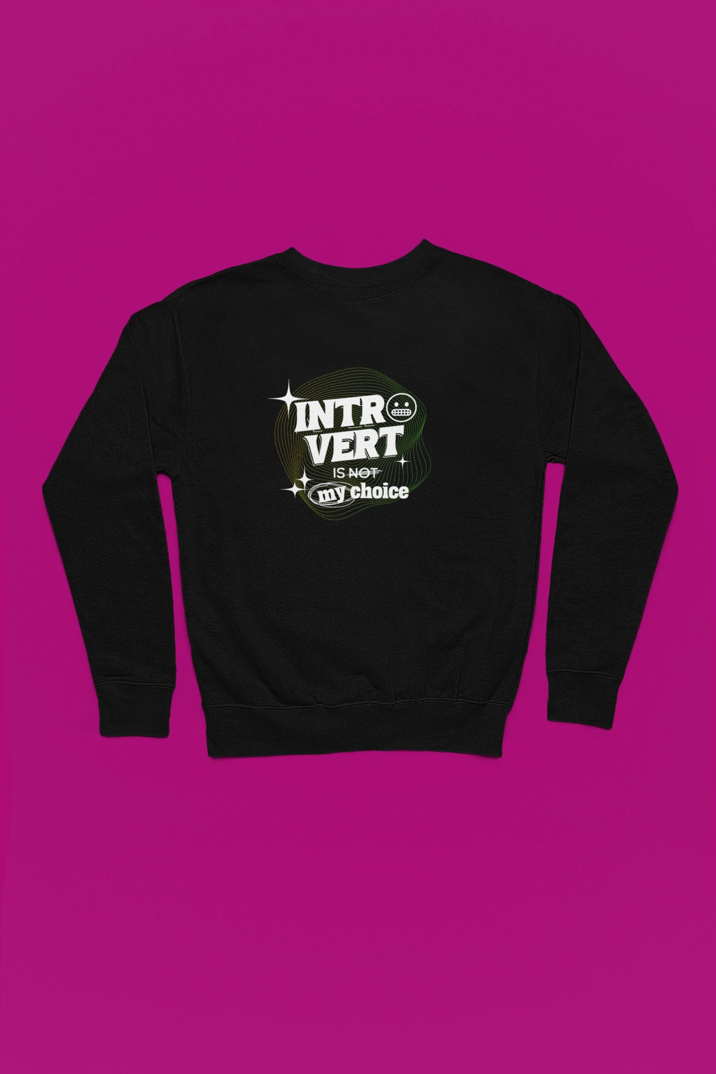 Introvert Is Not My Choice | Neon Wave Pullover fuer Introverts & Nerds – schwarz Pullover als Flatlay-Mockup, hochwertiges Nerd- & Gaming-Design Produktfoto.